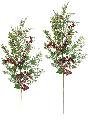 Künstlicher Beerenzweig Deko Zweig mit Beeren Zapfen Efeu Tannenzweige 2er Set 75cm groß AST Blumen künstlich Äste für Adventskränze Girlanden Weihnachtsdeko Floristik Kunstblume Kunstzweig, 75 cm