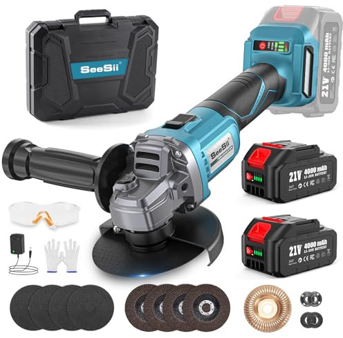 Seesii Cordless Angle Grinder 4-1/2 Inch, 21V Brushless Battery Tool with 2X 4.0Ah Batteries, 10000RPM Power Electric Grinder for Metal Cutting, Grinding, Polishing, Rust Removal (Blue)