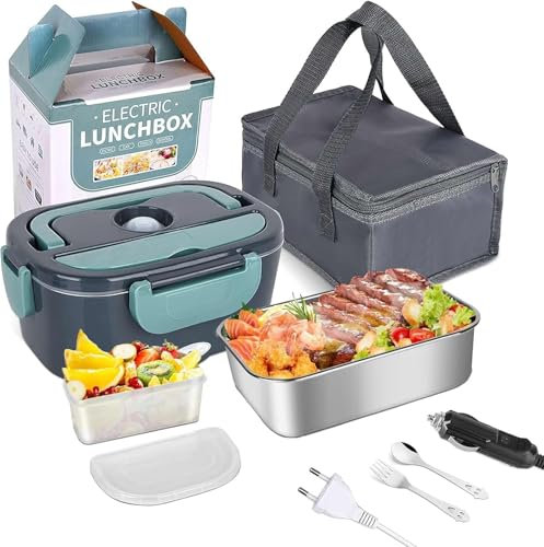 EagerMinds Gamelle Chauffante, 60W Lunch Box Chauffante Electrique, 1.5L Acier Inoxydable Portable Boîte Repas, Chauffage Rapide 12V/24V, 220V/240V, pour Voiture Camion Bureau avec Sac (Vert)