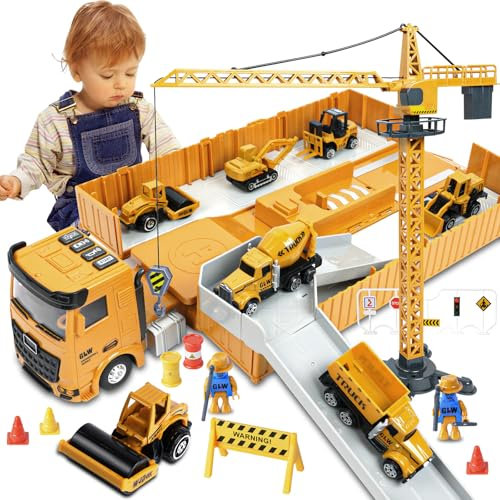 Aolso Camion da Cantiere Giocattolo per Bambini,con Escavatore Giocattolo Costruzione Torre Gru Giocattolo,Bisarca Giocattolo con Macchine con Musica Luce,Regalo di Compleanno per 3 4 5 6 7 8+ Anni