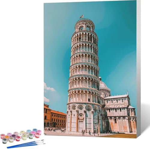 Malen Nach Zahlen Erwachsene Landschaft Malen Nach Zahlen mit Rahmen Malen Nach Zahlen Klein 60x80 cm Paint by Numbers Adult mit Pinseln und Acrylfarben, Home Haus Deko (Schiefer Turm Von Pisa) 4-U
