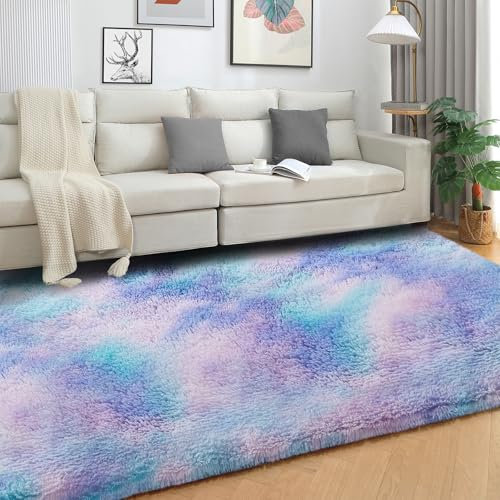 SOANNY Hochflor Wohnzimmer Teppich, Waschbar Anti-Rutsch & Flauschig, Groß Tie-Dye Langflor Shaggy Teppich für Schlafzimmer & Kinderzimmer, Bettvorleger Matte, 240 x 300 cm, Türkis Lila