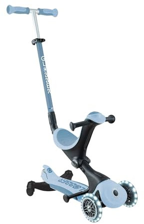 Globber - GO•UP Deluxe Lights ECO 360 – Skalierbarer Tretroller, 3 Räder mit Sitz und Modul 360, für Kinder von 15 Monaten bis 6 Jahren, Blueberry