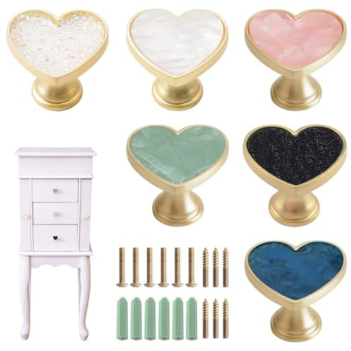 MOROBOR Zinc Alloy Heart-Shaped Knob, 6pcs Cabinets Dresser Drawer Knobs Furniture Wardrobe Bathroom Decorative Pulls Cabinets Door Pull Handle for Living Room Bedroom Kitchen（Multi-Colour）