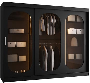 Mirjan24 Kleiderschrank Bimaza 250 mit Schubladen und Glastüren - Rauchglas, Schiebetürenschrank mit einlegeböden und Kleiderstange, Garderobenschrank (Schwarz, mit LED Beleuchtung)