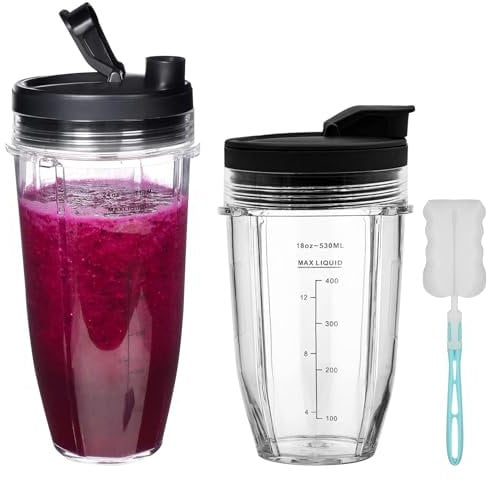 18oz 24oz Single-Serve Cup and Spout Lid Replacement Parts for Ninja Auto-iQ Blender BN750UK BN495UK TB301UK TB401UK BN800UK CB100UK CB350UK, Ninja Nutri Cup with Flip Top Lids, 2 Replacement Cups
