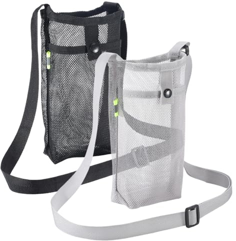 CREATCABIN 2Pcs Water Bottle Holder Carrier with Strap Portable Water Bottle Bag Mesh Light with Adjustable Shoulder Strap Pocket Easy Clean for Hiking Gym Camping Walking Travel 7.9x4.7in Black Grey