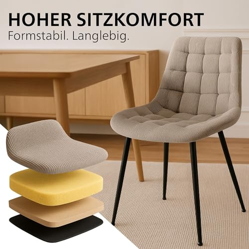 CLP Esszimmerstuhl Sardna, Küchenstuhl gepolstert mit gestepptem Cordbezug, Polsterstuhl mit Metallgestell bis 150 kg belastbar, Farbe:Taupe
