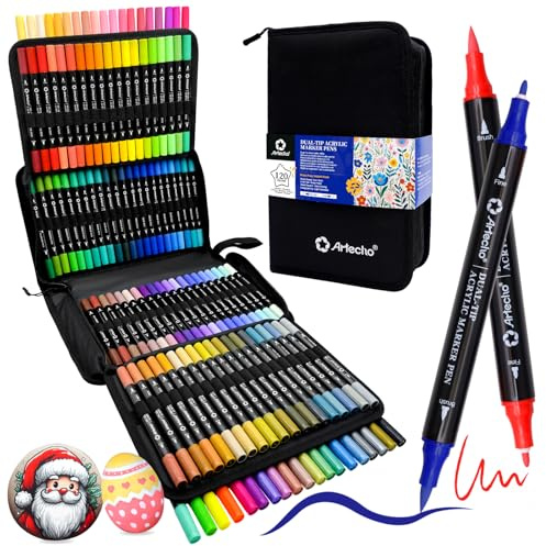 Artecho 120 Colors Dual Tip Acrylic Paint Pens, Waterproof Acrylic Markers for Rock Painting, Wood, Glass, Quick Dry Paint Pens with Portable Canvas Bag for Artists Beginners DIY Crafts | Ideal for Rock Painting, Stone, Wood, Paper, Canvas, Ceramic, Glass, Fabric & DIY Crafts