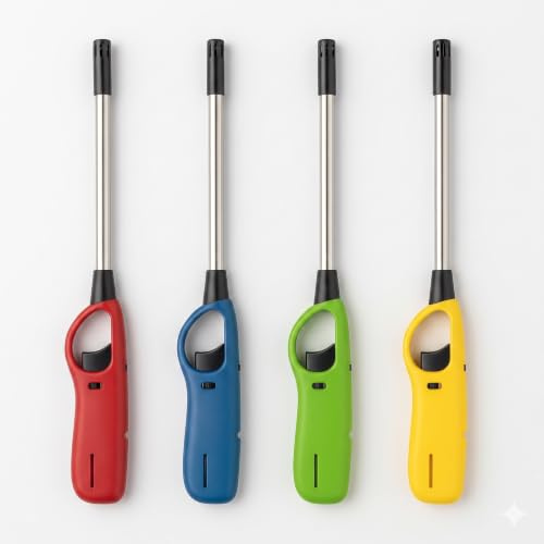 LEMAG Set 4 Accendigas Lunghi Ricaricabili — Accendini a Stelo Lungo per Cucina, Fornelli, Barbecue, Caminetti e Candele | Fiamma Lunga, Mani al Sicuro dal Calore | Multicolore