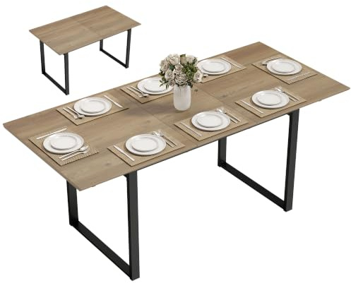 HOMCOM Table à Manger Extensible Rectangle Rallonge 140-180x80cm Naturel | Pour 6 à 8 Personnes, Table de Cuisine, Style Industriel, Piètement en Acier, Salle à Manger, Salon