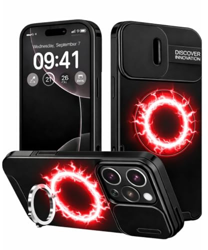 OnTheGo. Hülle für iPhone 15 Pro Max, Stoßfest Armor Handyhülle, Magnetisch, 360° Ring Ständer, Kameraabdeckung Schiebbar, Kratzfest, rutschfest, Schwarz