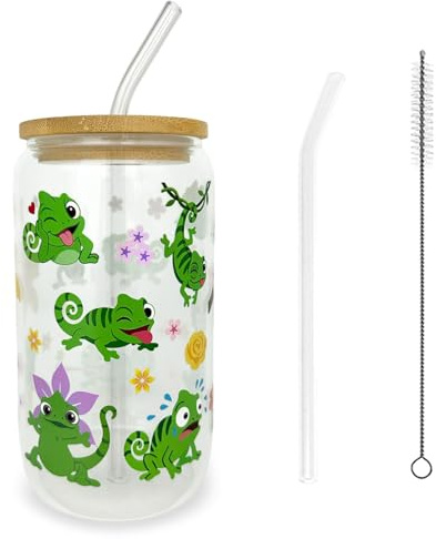 Pascal Vaso Cristal con Tapa y Pajita Tapa, 550 ml, Pascal Camaleón Vaso de Vidrio Taza, Camaleón Vasos para Beber para Matcha,Té, Zumos, Cerveza, Regalos para Mujeres, Café Helado, Batido, Té Frío