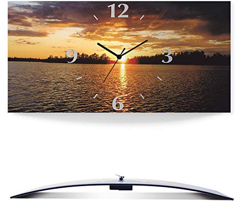 ARTLAND Wanddeko Wanduhr ohne Tickgeräusche Alu Quarzuhr 50x25 cm Rechteckig Lautlos Landschaft Sonnenuntergang See Sonne Natur Design T4WP