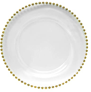 Trimming Shop Assiettes de présentation décoratives pour fêtes, Assiettes Verre à Motif de Perles dorées pour décoration, 33 cm, Transparent, 1 pièce