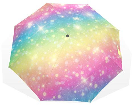 Rootti Regenschirm, 3 Falten, leicht, Regenbogen, Glitzer, mit einem Knopf, automatisches Öffnen und Schließen, winddicht, für Kinder, Damen und Herren