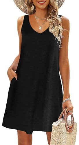 AUSELILY Vestito Estivo Casual Abiti da Spiaggia da Donna con Scollo a V Abiti a Canottiera Nero L
