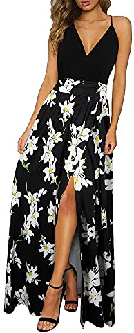 Newshows Femmes Eté Profond Décolleté en V Loisirs Robe Spaghetti Imprimé Fleur Split Maxi pour la fête de Plage (Floral 06,X-L)