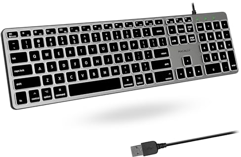 Macally Tastiera retroilluminata per Mac, silenziosa, elegante e funzionale, 3 livelli di luminosità, 107 tasti, cavo USB da 1,5 m, tastiera Apple, retroilluminata, cablata per Mac, iMac, MacBook Pro