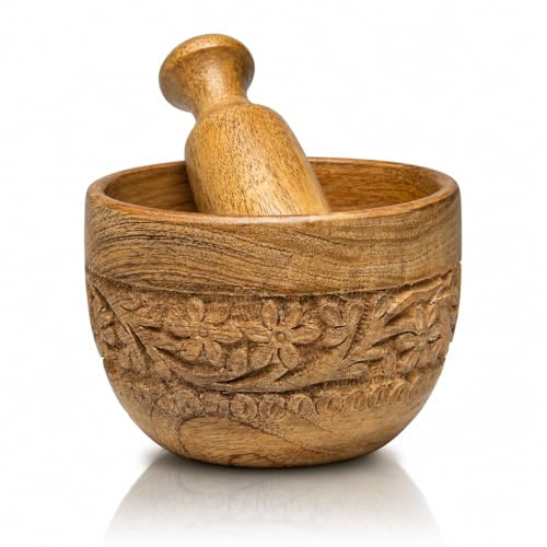 Handmade Wooden Mortar & Pestle Set, Herb Spice Garlic Masala Grinder Bowl | Rustic manual kharal crusher for ginger, peppercorns, seasonings, pesto, guacamole, pill crusher, easy to clean, kitchen prep