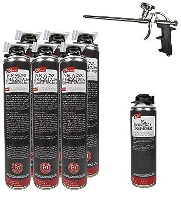 SDV Chemie PUR WDVS Klebeschaum B1 SET 6x 800ml + 1x PU Reiniger 500ml + 1x PU-Schaum-Dosierpistole