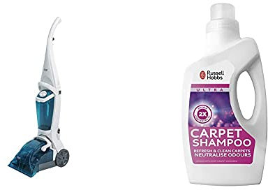 Russell Hobbs RHCC5001 Lightweight 600W Carpet Washer & Cleaner, White & Aqua with 1L RHSMP103AB Carpet Shampoo in Alpine Fragrance Solutions, 1.5L Water Tank & Free 2 Year Guarantee