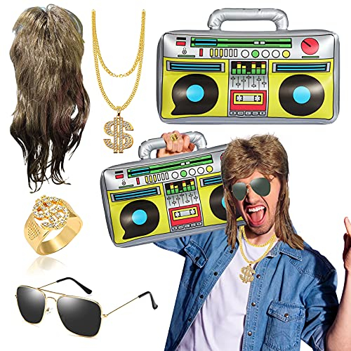BIQIQI Fasching Karneval Kostüm 5 in 1 Vokuhila Set mit Vokuhila Perücke Aufblasbare Radio Boombox Sonnenbrille Goldkette Ring Gold Dollar 80er 90er Party Accessoires Rapper Zubehör Hip Hop Kostüm
