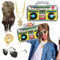 BIQIQI Fasching Karneval Kostüm 5 in 1 Vokuhila Set mit Vokuhila Perücke Aufblasbare Radio Boombox Sonnenbrille Goldkette Ring Gold Dollar 80er 90er Party Accessoires Rapper Zubehör Hip Hop Kostüm