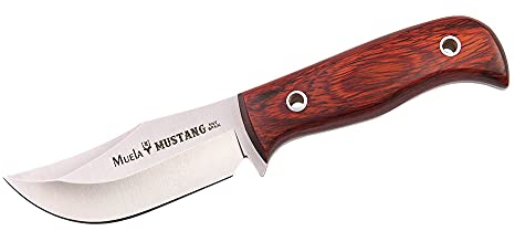 MUELA - MUSTANG-8R. Cuchillo de caza Muela. Mango de madera prensada de coral. Hoja 8 cm. Funda cuero. Herramienta para Caza, Pesca, Camping, Outdoor, Supervivencia y Bushcraft