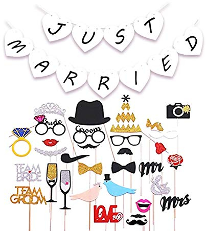 Photobooth Matrimonio, 30 Foto Booth Accessori Photomaton + Banner Just Married. Pronto all'uso Accessori e Decorazione Fotografia