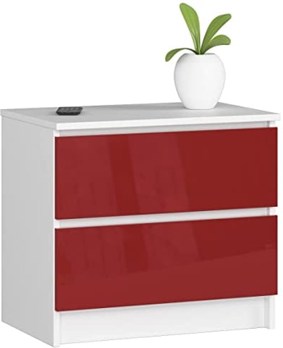 AKORD Kommode K60 mit 2 Schubladen | für das Wohnzimmer Schlafzimmer Schrank Büro Arbeitszimmer | Modernes Funktionales Design | B60 x H55 x T40 cm, Gewicht 20kg | Weiß/Rot Glänzend