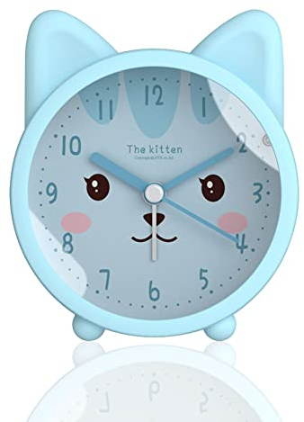 Roadtime Niedlicher Tier-Wecker für Kinder, Nicht Tickender Hasen-/Katzen-/Hirsch-Wecker, leiser Wecker am Schreibtisch mit Hintergrundbeleuchtung (Cat,Blue)