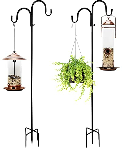 FGYZYP 2 x verstellbare Doppel-Schäferhaken mit 5 Zinken, 160 cm robuster Metall-Gartenpfahl, rostbeständige Pflanzenständerstange zum Aufhängen von Blumenkorb, Vogelfutterkäfig, Solarlicht,