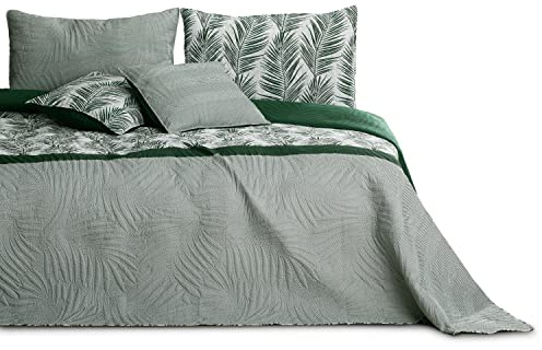 AmeliaHome Tagesdecke Bettüberwurf 200x220 cm zweiseitig pflegeleicht Steppung Pflanzenmuster Grün Weiß Tropical Bonaire