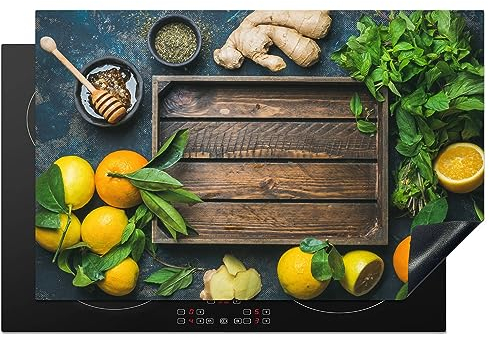 MuchoWow Herdabdeckplatte Ceranfeld Spritzschutz Küche Obstkiste - Zitrone 80x52 cm Induktionsherd Abdeckung Induktionskochfeld Ceranfeldabdeckung