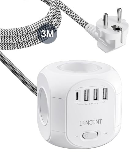 LENCENT Cube rallonge multiprise 3M avec 4 Prises AC, 3 USB et 1 Type C, Protection Contre Les surtensions pour rallonge électrique avec Interrupteur pour Maison, Cuisine, Bureau, Tressé Câble