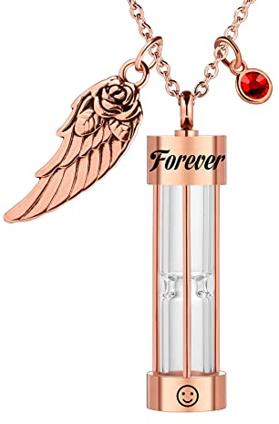 MeMeDIY Personalisierte Urne Herren Halskette für Asche Edelstahl Sanduhr Memorial Anhänger mit Engelsflügel Geburtsstein Anhänger Andenken-Roségold
