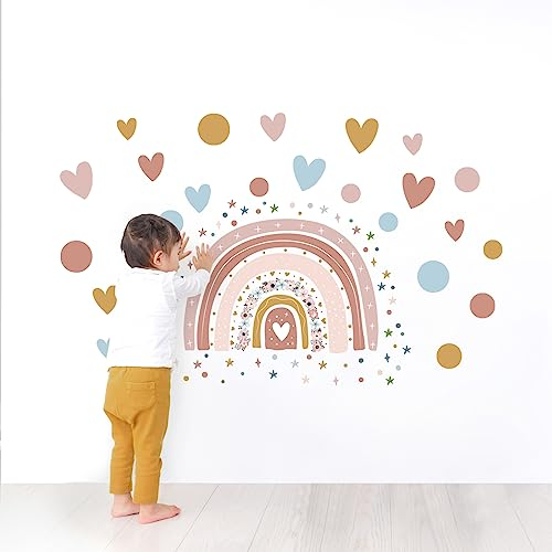 Tanlaby Großer Regenbogen Blume Wandtattoo Boho Regenbogen Wandsticker Bunte Punkte Herzen Sterne Wandaufkleber für Mädchen Frauen Babyzimmer Wohnzimmer Schlafzimmer Kinderzimmer Hause Wanddekoration