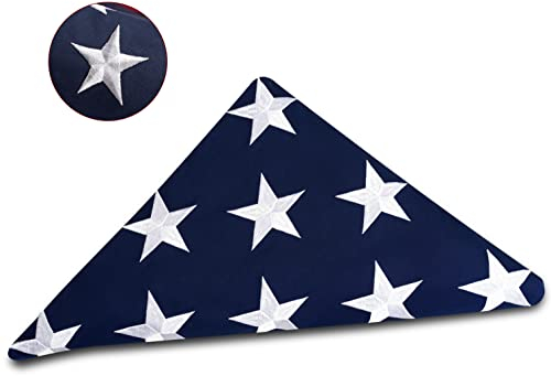 DANF Gefaltete amerikanische Flagge, 1,5 x 2,9 m, Beerdigungsflagge, 100 % robuste Baumwolle für Veteranen, bestickte Sterne, genähte Streifen, Messingösen, US-USA-Militärflaggen für Vitrine