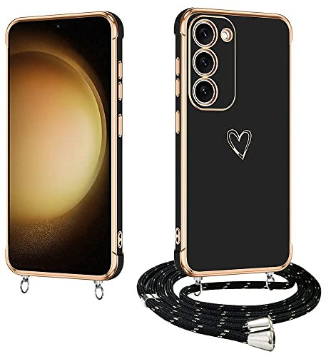 E-Lush Coque pour Samsung Galaxy S23 Plus 5G/ 4G avec Cordon, Coque pour Samsung S23 Plus Silicone avec Motif Coeur d'amour Mignon Étui Housse Antichoc avec Collier Réglable Lanyard Case, Noir