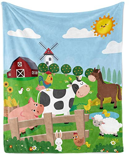 TUTUXMA Kuscheldecke Kinder Bauernhof, Decke Karikatur Tier für Jungen, Flauschig Flanell Wohndecke mit Ochse Schaf Huhn Muster, Weich Fleece Sofadecke Couch, 100x130cm