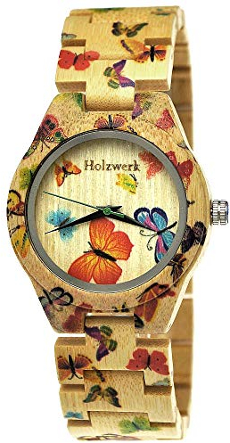 Holzwerk Germany Handgefertigte Designer Damen-Uhr Öko Natur Holz-Uhr Armband-Uhr Analog Klassisch Quarz-Uhr mit Schmetterling Butterfly Motiv (Schmetterling.Bunt.)