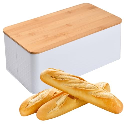 White Metal Bread Bin, Small Bread Box with Cutting Board, Bread Storage Container for Kitchen, Keeps food Long Lasting Freshness, 33x18x13.5 cm, Rectangular Bread Box for Housewarming Present (White)