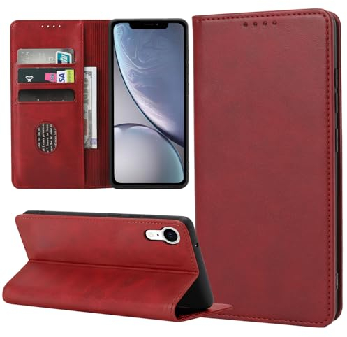 ZYIMOU Handyhülle für iPhone XR Hülle, Leder Schutzhülle Standfunktion Kartenfach Wallet Klapphülle iPhone XR Flip Case Cover, Rot