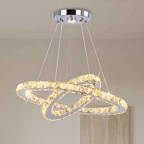 Finktonglan LED Kronleuchter Moderne 2 Ringe 30 * 50cm Pendelleuchte Einstellbare Edelstahl Kristall Deckenleuchte für Schlafzimmer Wohnzimmer Esszimmer (Warm White)