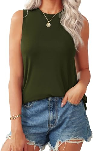 Zeagoo Damen Basic Top Ärmellose Sommer T Shirt Einfarbig Tank Top Rundhals Oberteile Weste Armeegrün XL