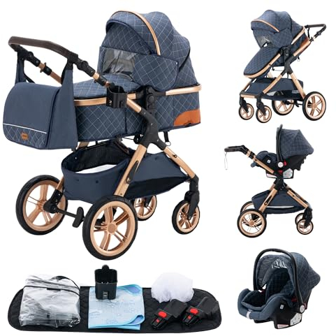 YAZOCO kinderwagen 3 in 1, Zusammenklappbar kinderwagen Komplettset Becherhalter, Moskitonetz, Fußabdeckung Für Baby Erstausstattung Neugeborene (5 Blau)