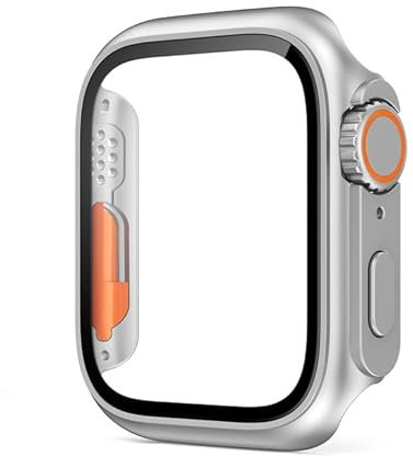 INF Funda para Apple Watch S8 / Ultra 7 / Ultra 6 44 mm, funda con protector de pantalla, funda con protector de pantalla, PC/vidrio templado, 1x caja de reloj (plateada)