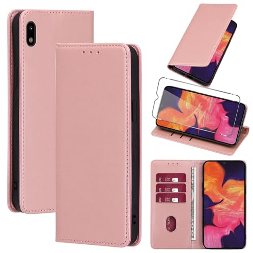 Vauki Coque Cuir pour Samsung Galaxy A10 6.2 avec 1 Verre Trempé Etui à Rabat en PU Porte-Cartes Portefeuille Support Flip Housse Magnétique Antichoc Anti-Rayures Case,Rose-Gold