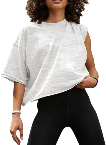 EBANKU Oversized Workout Shirts for Women Short Sleeve Crop Tops Casual Basic Cotton Athletic Yoga Running Cropped T-Shirts Light Grey